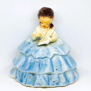 Vintage Josef Cindy Figurine: Rare Sewing Statue, Blue Dress