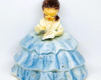 Figura vintage de Josef Cindy: rara estatua de costura con vestido azul