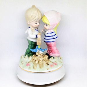 Vintage Music Box, Musical Figurine, Boy Girl Music Box, Rotating Music Box, Boy Girl Feeding Birds