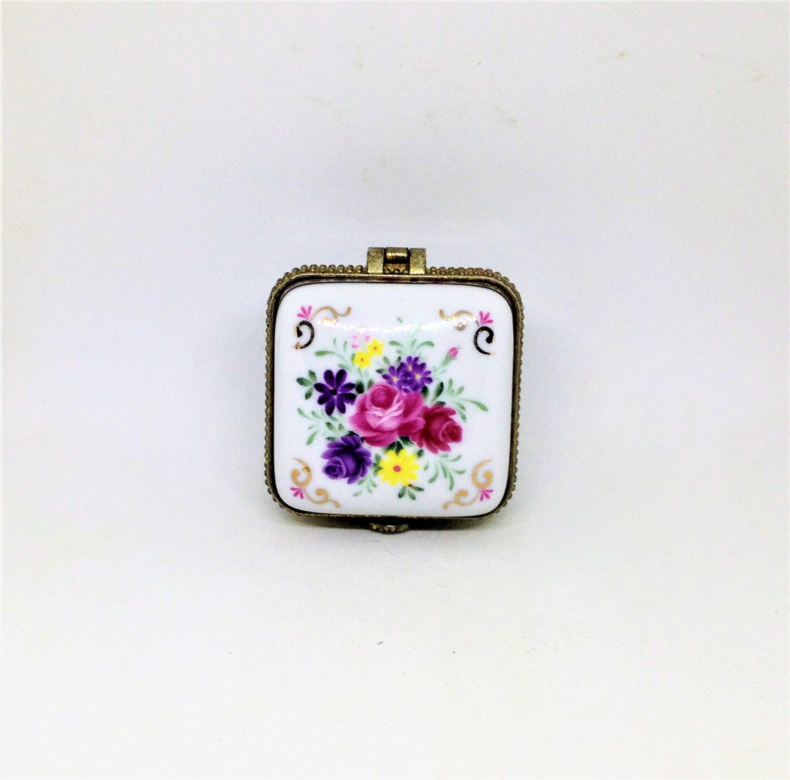 Vintage Rose Floral Pill box Porcelain Pill Box Gold Floral | Etsy