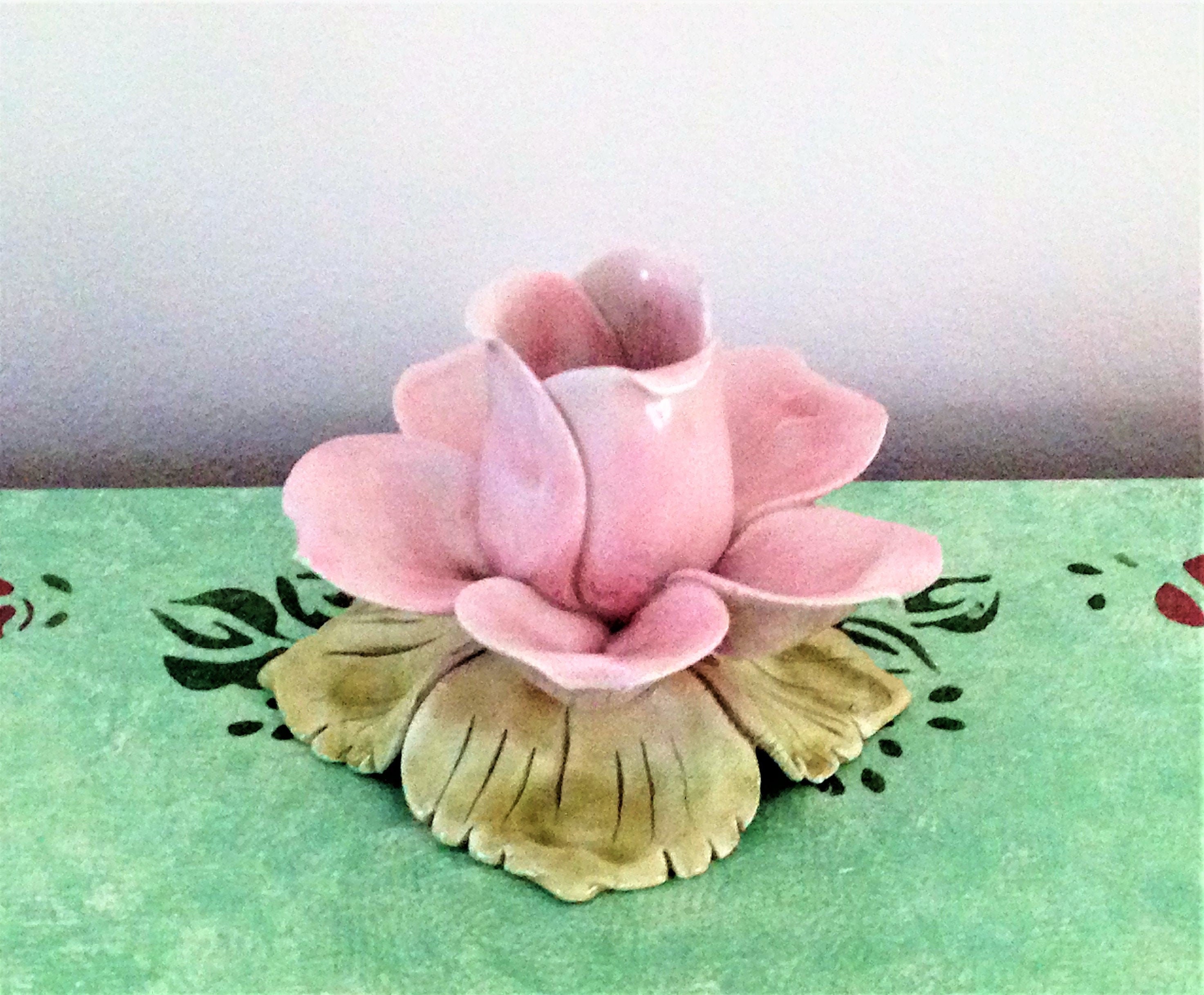 Vintage Porcelain Rose Candle Holder Pink Rose Candle Etsy