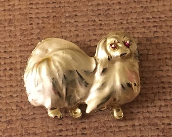 Vintage Maltese Dog Pin: Brushed Metal Brooch