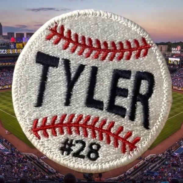 Baseball Patch, white baseball personalized with name and number Embroidered Patch, Iron On, Sew On, Perfect for Backpack, jacket or Hat