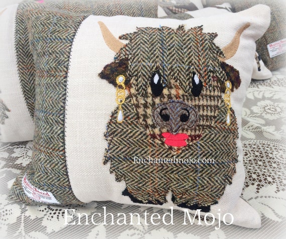 Hilda Highland Cow Applique in the hoop Grannel Hen Throw Pillow