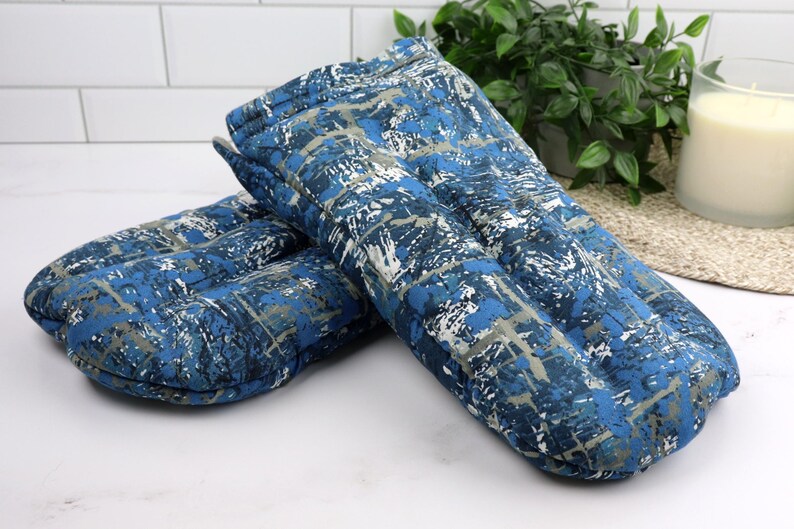 Heat Therapy Hand Warming Mitts. Microwaveable Flax & Rice Bag. (Set of 2) 8- Blue/Gray Splash