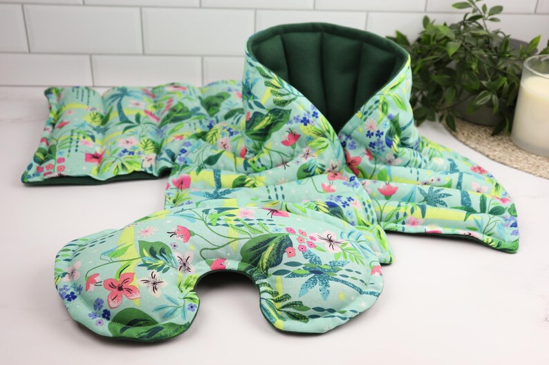 Relaxation Gift Set for Heat Therapy & Comfort. Microwave Rice Heating Pad, Neck Wrap and Eye Pillow 9- Tropical Comfort