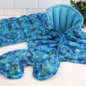 Relaxation Gift Set for Heat Therapy & Comfort. Microwave Rice Heating Pad, Neck Wrap and Eye Pillow 1- Blue Calm
