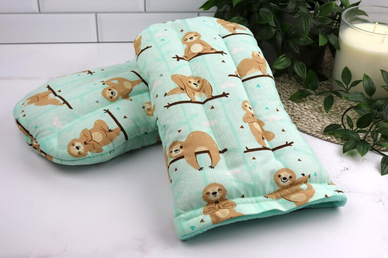 Heat Therapy Hand Warming Mitts. Microwaveable Flax & Rice Bag. (Set of 2) 7- Yoga Sloth