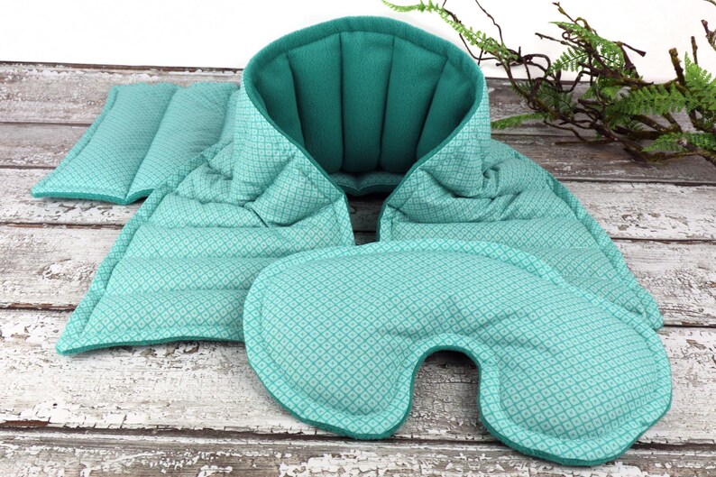 Relaxation Gift Set for Heat Therapy & Comfort. Microwave Rice Heating Pad, Neck Wrap and Eye Pillow 5- Aqua Reprieve