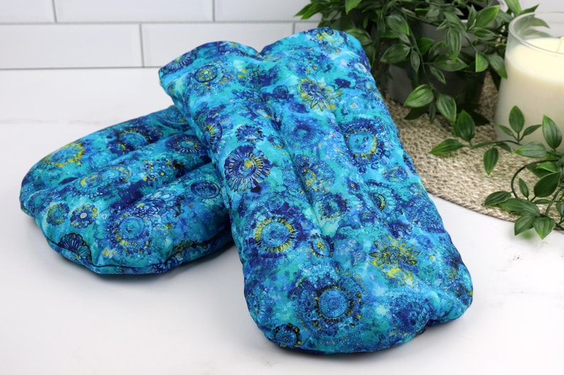 Heat Therapy Hand Warming Mitts. Microwaveable Flax & Rice Bag. (Set of 2) 1- Blue Calm