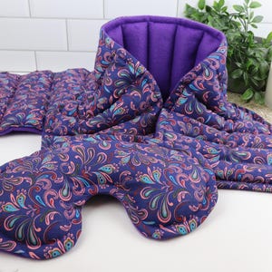 Relaxation Gift Set for Heat Therapy & Comfort. Microwave Rice Heating Pad, Neck Wrap and Eye Pillow 2- Purple Peace