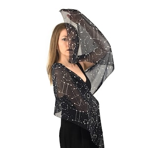 Zodiac Constellation Scarf / Sheer Chiffon Shawl / Stars Galaxy Oversized Scarf /Summer Festival Scarf /Celestial Witchy Astrology Scarf