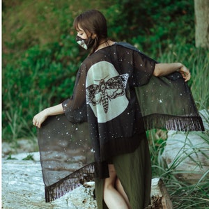 Moth Kimono with Stars and Moon / Sheer Chiffon Kimono Robe / Death Head Skull Moth / Witchy Celestial Clothing / NuGoth Occult Fashion /