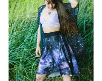 Celestial Galaxy Skirt /Nebula Stars Witchy Wrap Skirt for Women / Midi length, high waisted, A line, flared summer skirt