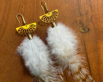 Brass Fan Feather Earrings | White & Brown Barred Statement Drops