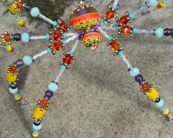 Psychedelic Matte Lampwork Spider Sculpture | Trippy Rainbow Beaded Wire Art