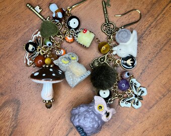 Whimsical Folklore Charm Earrings | Fairycore Mushroom & Owl Statement Jewelry