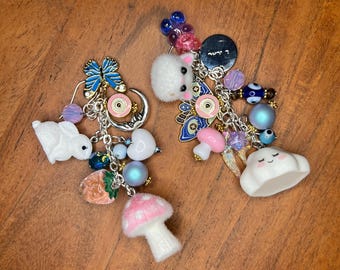 Whimsical Dangle Earrings: Flocked Mushroom, Bunny, Cloud Accents