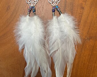 Celtic Knot Feather Earrings | Galaxy Jasper Silver White Tail Feather Dangles