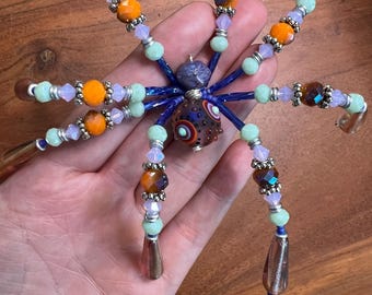 Lampwork Glass Spider Sculpture | Colorful Beaded Wire Desk Companion