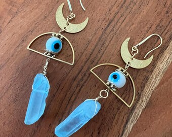 Raw Aqua Aura Quartz Earrings | Crescent Moon Brass Evil Eye Crystal Dangles