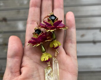 One-of-a-Kind Forest Earrings: Layered Blooms, Quartz