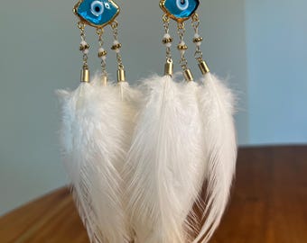 Seraphim Evil Eye Feather Earrings | White Winged Swarovski Crystal Dangle