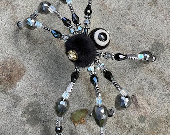 Black Beaded Wire Spider Sculpture | Smoky Crystal & Faux Fur Tabletop Art