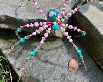 Large Beaded Wire Spider Sculpture | Teal Millefiori Glass & Pearl Tabletop Art