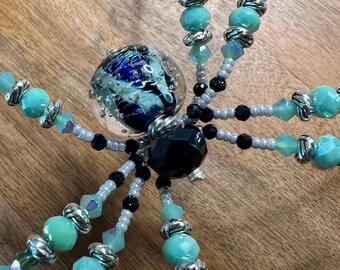 Handblown Glass Galaxy Spider Sculpture | Aqua Crystal & Silver Wire Tabletop Art