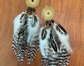 Black Tourmaline Feather Earrings | Sacred Geometry Mandala | Tree of Life Dangles