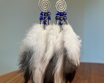 Greek Spiral Evil Eye Feather Earrings | Mati Infinite Silver Chandelier Dangles