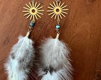 African Turquoise Feather Earrings | Sunburst Brass Celestial Dangles