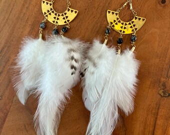 Snowflake Obsidian Feather Earrings | Brass Half Moon Geo Cutout Dangles