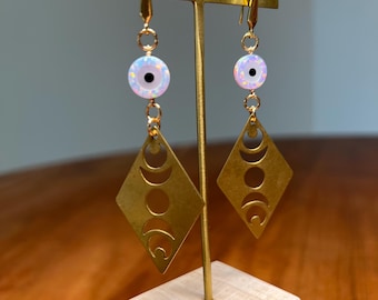 Pink Opal Evil Eye Earrings | Moon Phase Brass Geometric Dangles