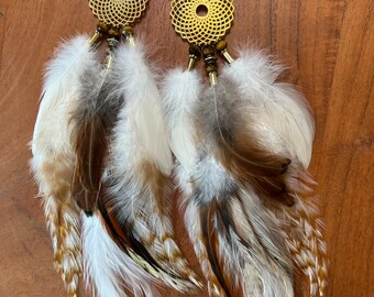 Tiger's Eye Feather Earrings | Sacred Geometry Mandala | Tree of Life Dangles