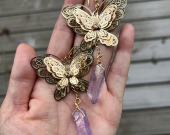 Brass Filigree Butterfly Dangles | Raw Purple Quartz Crystal