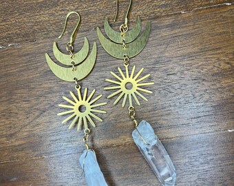 Raw Clear Quartz Point Earrings | Brass Celestial Sun Moon Crystal Dangles