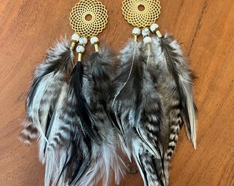 White Howlite Feather Earrings | Sacred Geometry Mandala | Tree of Life Dangles