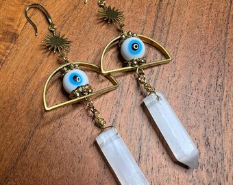 Raw Selenite Point Earrings | Brass Evil Eye Sunburst Crystal Dangles