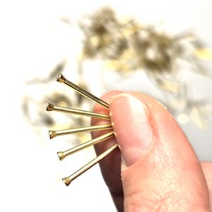 Könnte beinhalten: Nahaufnahme von mehreren goldfarbenen Stecknadeln mit kleinen, flachen Köpfen. Die Nadeln werden in einer Hand vor einem verschwommenen Hintergrund aus weiteren Nadeln gehalten. Diese Nadeln werden wahrscheinlich für Näh- oder Bastelprojekte verwendet.