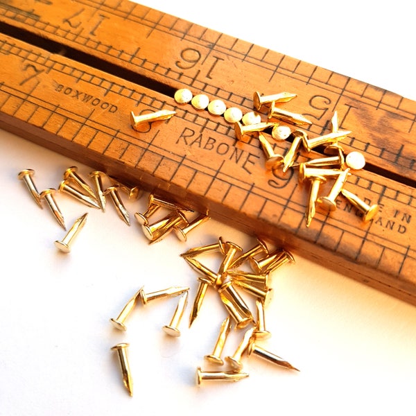 Shiny Brass-Plated Escutcheon Pins, Nails, Brads. 200pcs  8-13mm long, G17 (1.4mm shank)