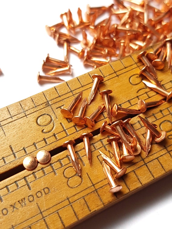 Copper Plated Escutcheon Pins, Nails, Brads. 200pcs  8-13mm long, G17 (1.4mm shank) PE1