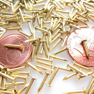 May include: A close-up of a pile of gold-coloured tacks or brads, with two copper coins, one US penny and one Euro coin, in the centre of the image.