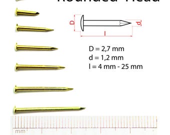 Gwoździe mosiężne #18 x 5/32" - 1" (1,2 x 4-25 mm) z okrągłą główką, złote ćwieki, rozeta, małe, drobne, precyzyjne - 200 szt. PC4