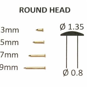 Könnte beinhalten: Vier goldfarbene Rundkopfnägel mit unterschiedlichen Längen: 3 mm, 5 mm, 7 mm und 9 mm. Die Nägel haben einen Durchmesser von 0,8 mm und einen Kopf Durchmesser von 1,35 mm. Die Nägel werden vor einem weißen Hintergrund gezeigt.