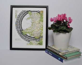 Illustrated map of Wales, United Kingdom, Great Britain. Embellished with patterns, map art, Giclee print  Welsh Love spoon. Wall print.