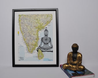 Illustrated atlas map with mandala and Buddha – South and Central India. Travel, Wedding present/ gift. Wall art. Giclée print.