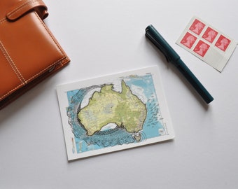 Illustrated map postcard of Australia, perfect for travellers.  Aboriginal pattern illustration. Topographic map. Atlas.  Size A6