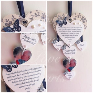 65th Blue Sapphire anniversary gift personalised wooden keespake heart With photo heart